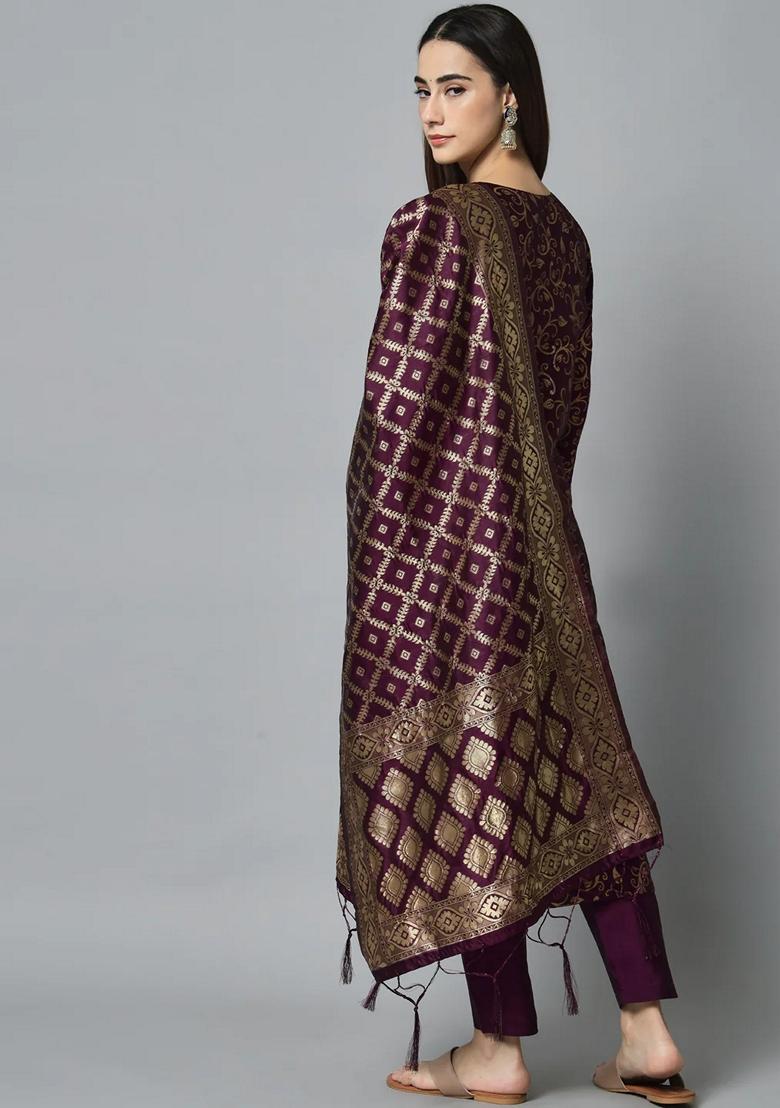 Purple Banarasi Woven Self Designed Pure Cotton Salwar Kameez With Dupatta