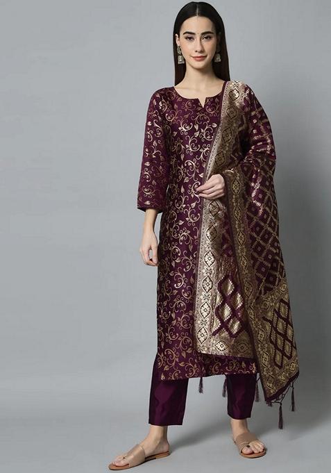 Purple Jacquard Cotton Straight Kurta Set