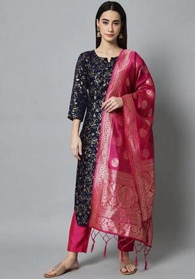 Blue Banarasi Woven Self Designed Pure Cotton Salwar Kameez With Dupatta