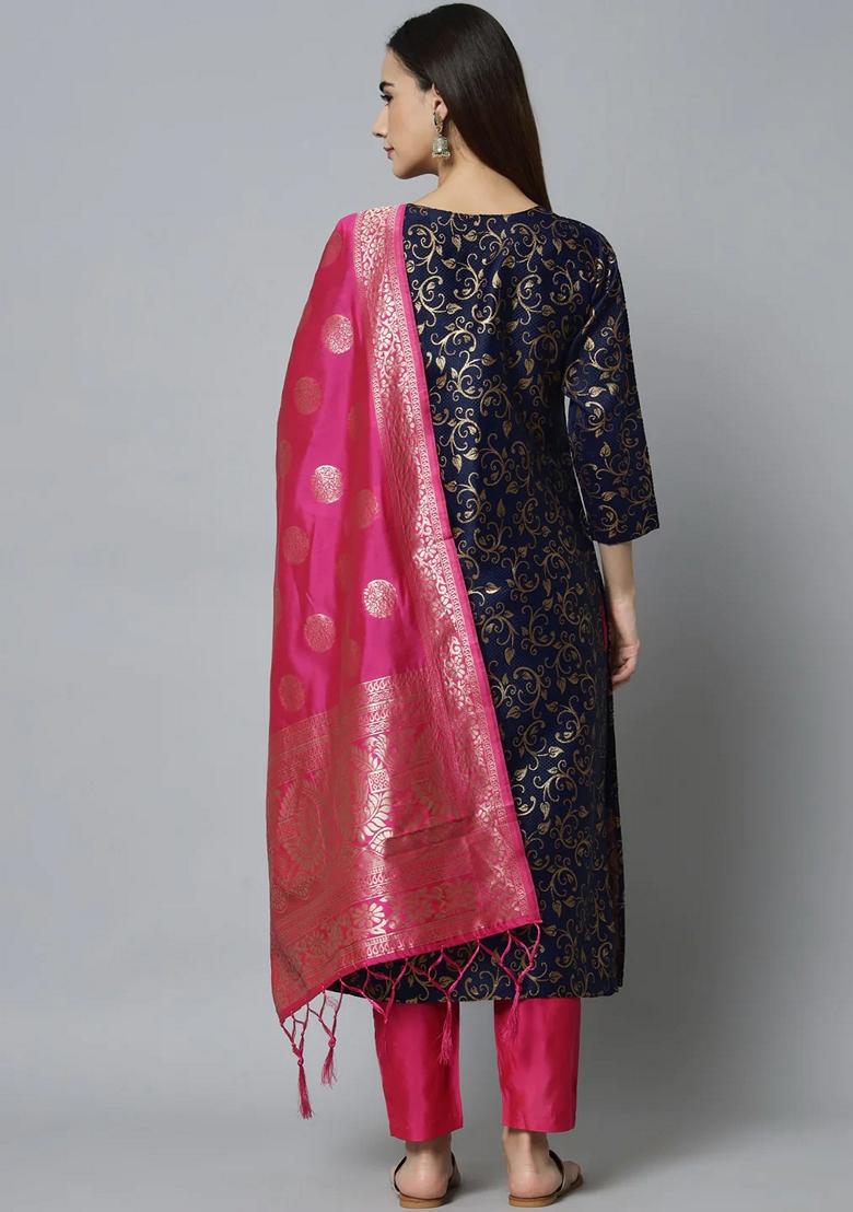 Blue Banarasi Woven Self Designed Pure Cotton Salwar Kameez With Dupatta