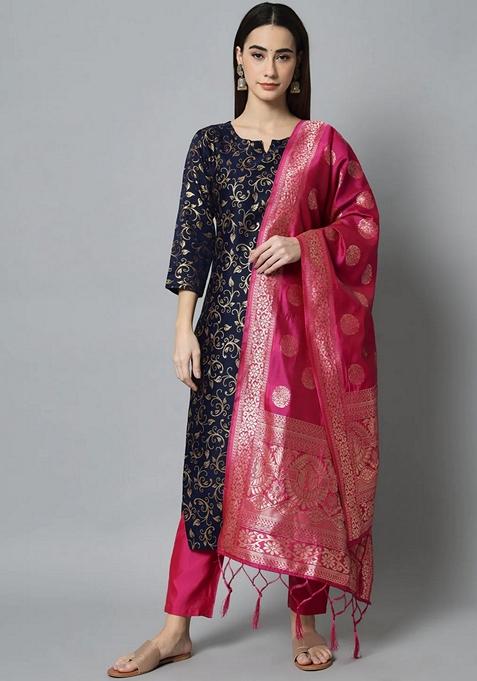 Blue Printed Cotton Straight Kurta Set