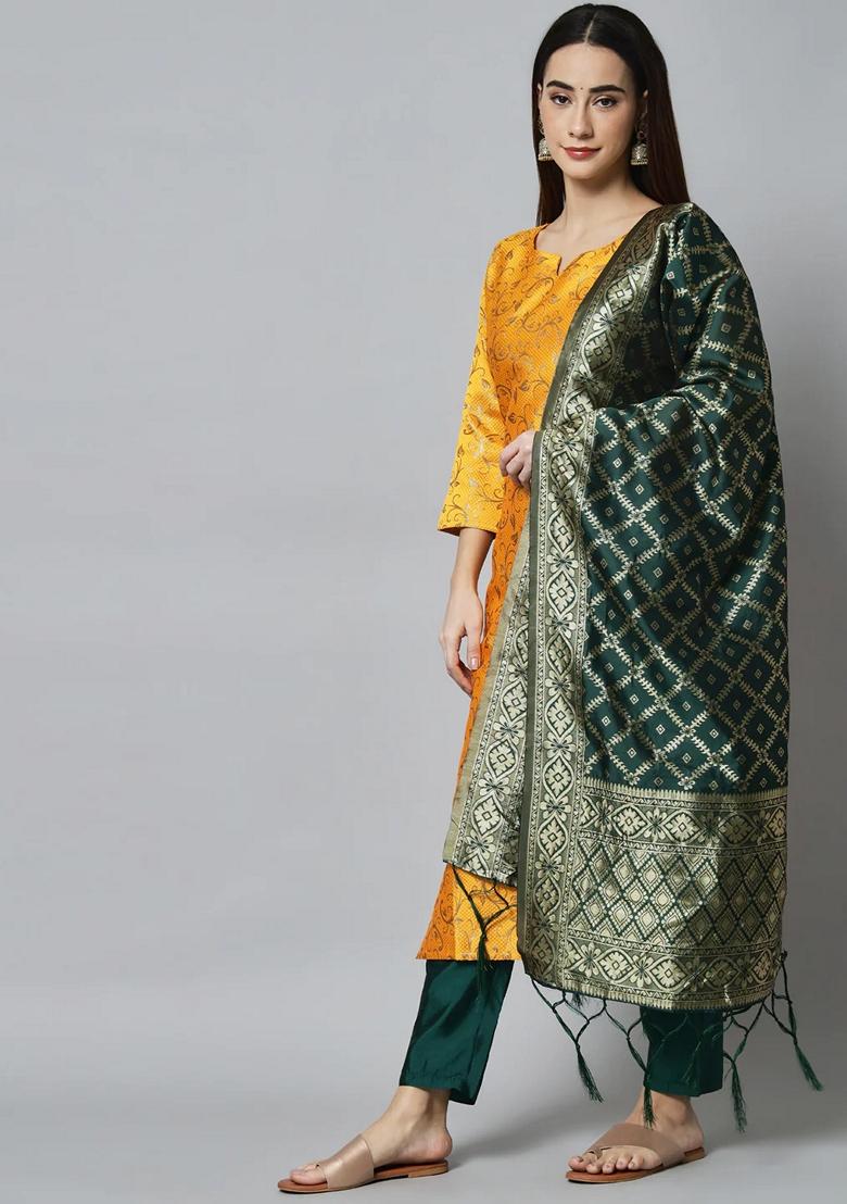 Yellow Banarasi Woven Self Designed Pure Cotton Salwar Kameez With Dupatta