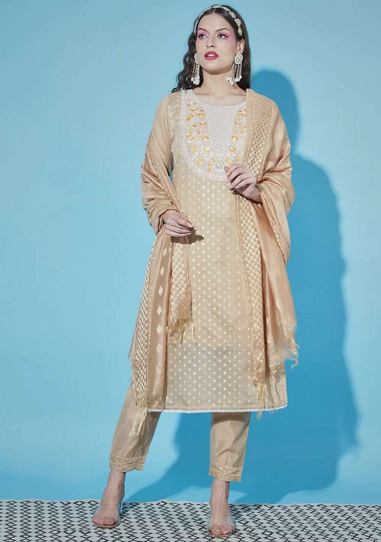 Chicku Brown Embroidered Chanderi Straight Kurta Set - Indya