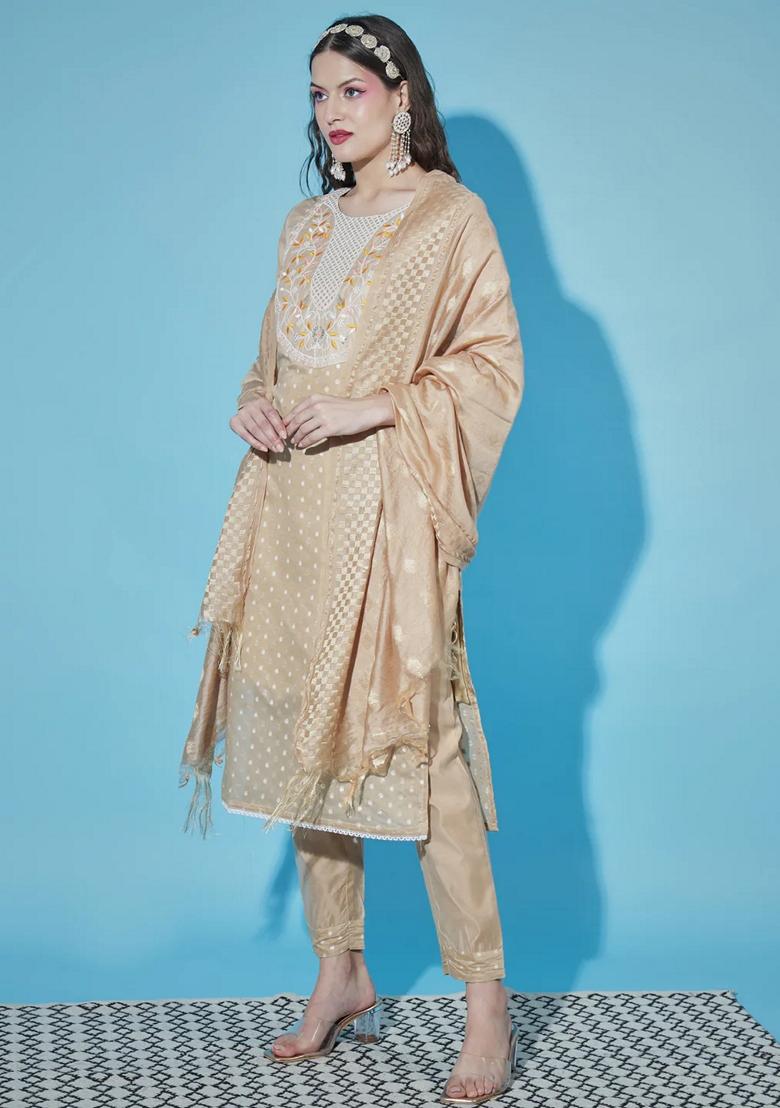 Chicku Brown Embroidered Chanderi Salwar Kameez With Dupatta