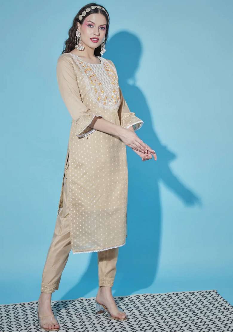 Chicku Brown Embroidered Chanderi Straight Kurta Set - Indya