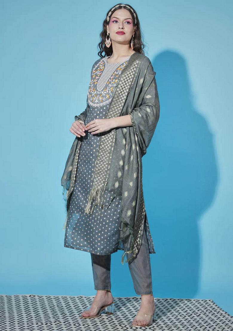 Grey Embroidered Chanderi Salwar Kameez With Dupatta