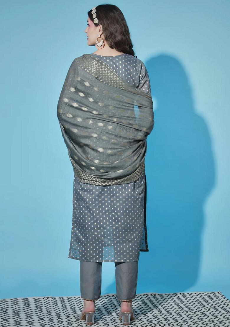 Grey Embroidered Chanderi Salwar Kameez With Dupatta