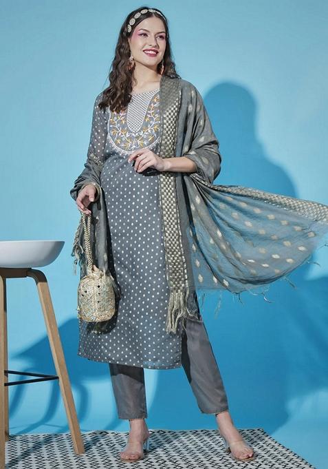 Grey Embroidered Chanderi Salwar Kameez With Dupatta