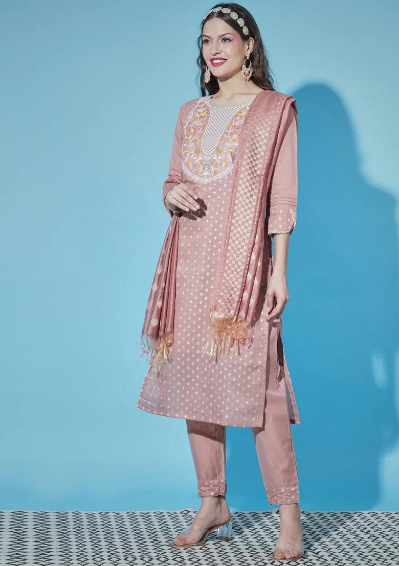 Peach Embroidered Chanderi Salwar Kameez With Dupatta