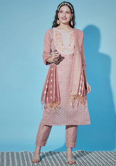 Peach Jacquard Chanderi Straight Kurta Set
