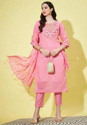 Pink Embroidered Chanderi Salwar Kameez With Dupatta