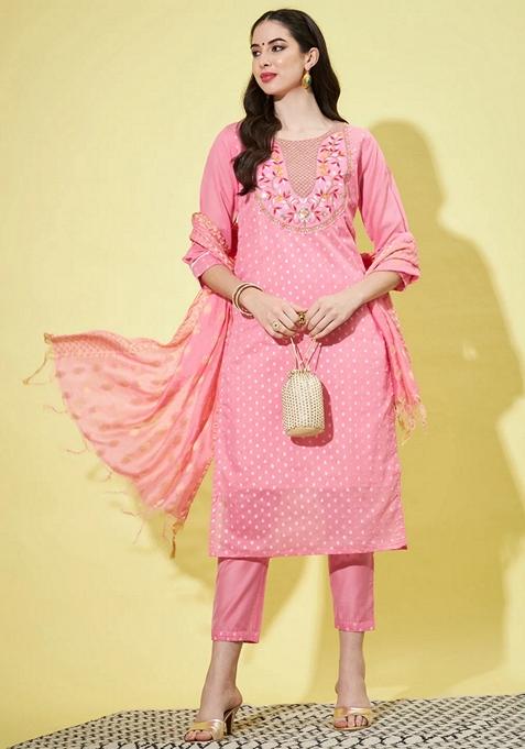 Pink Printed Chanderi Straight Kurta Set