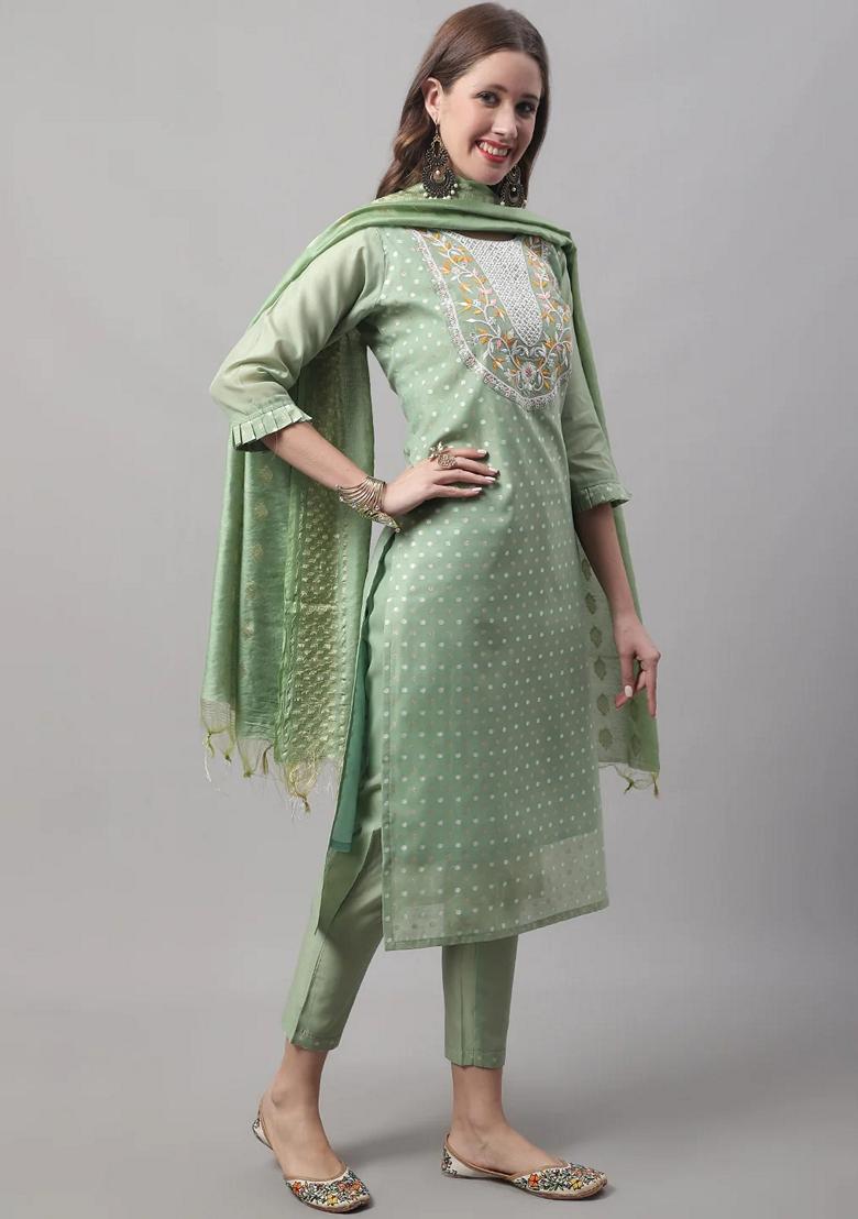 Pista Green Embroidered Chanderi Salwar Kameez With Dupatta