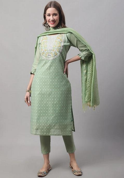 Pista Green Embroidered Chanderi Salwar Kameez With Dupatta
