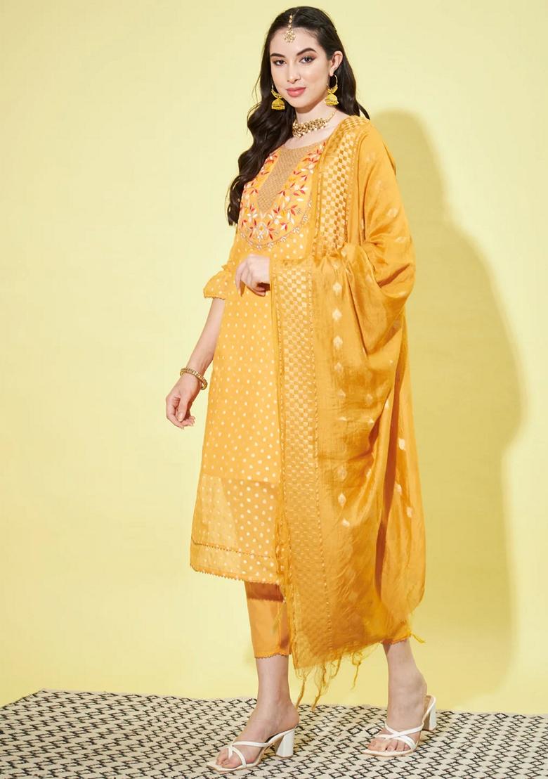 Yellow Embroidered Chanderi Salwar Kameez With Dupatta