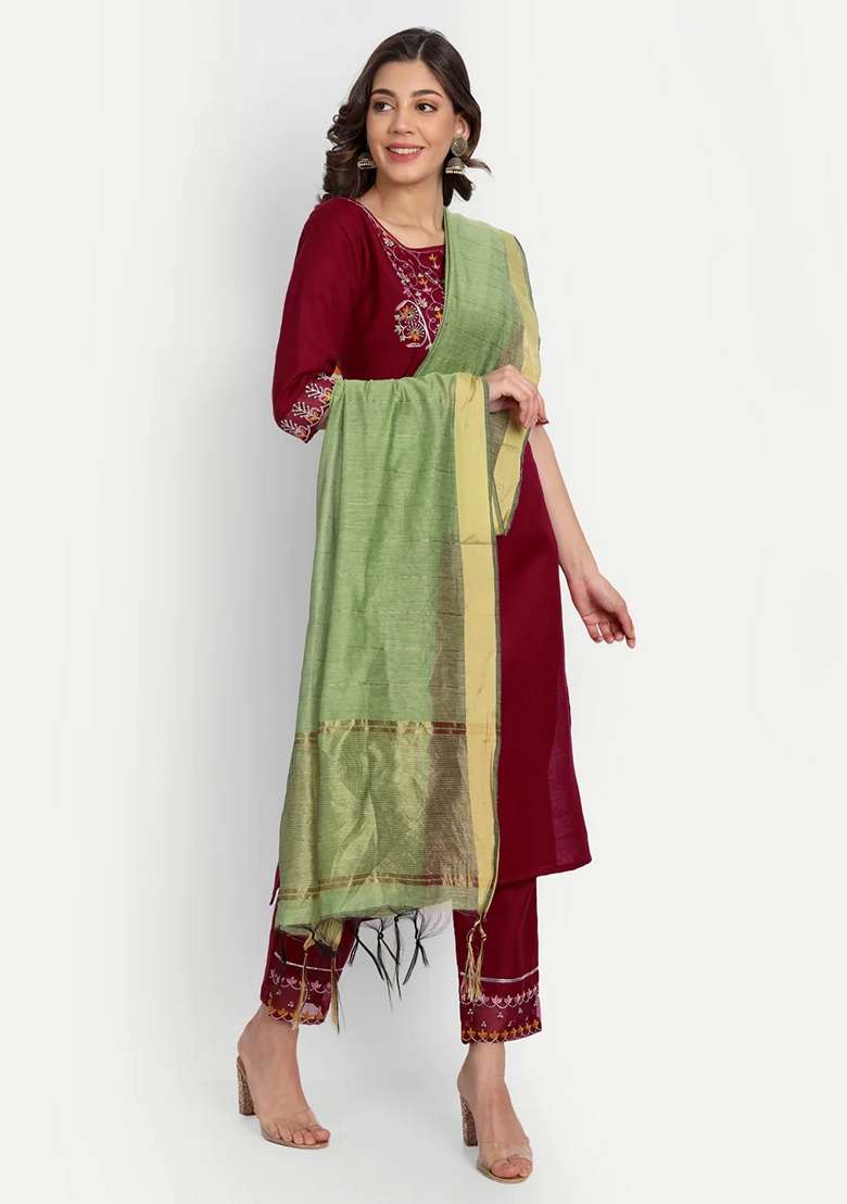 Maroon Embroidered Chanderi Salwar Kameez With Dupatta - Indya