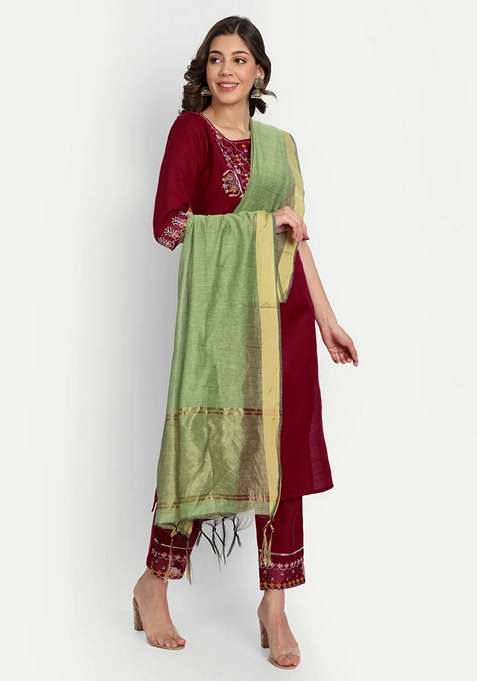 Maroon Embroidered Chanderi Salwar Kameez With Dupatta