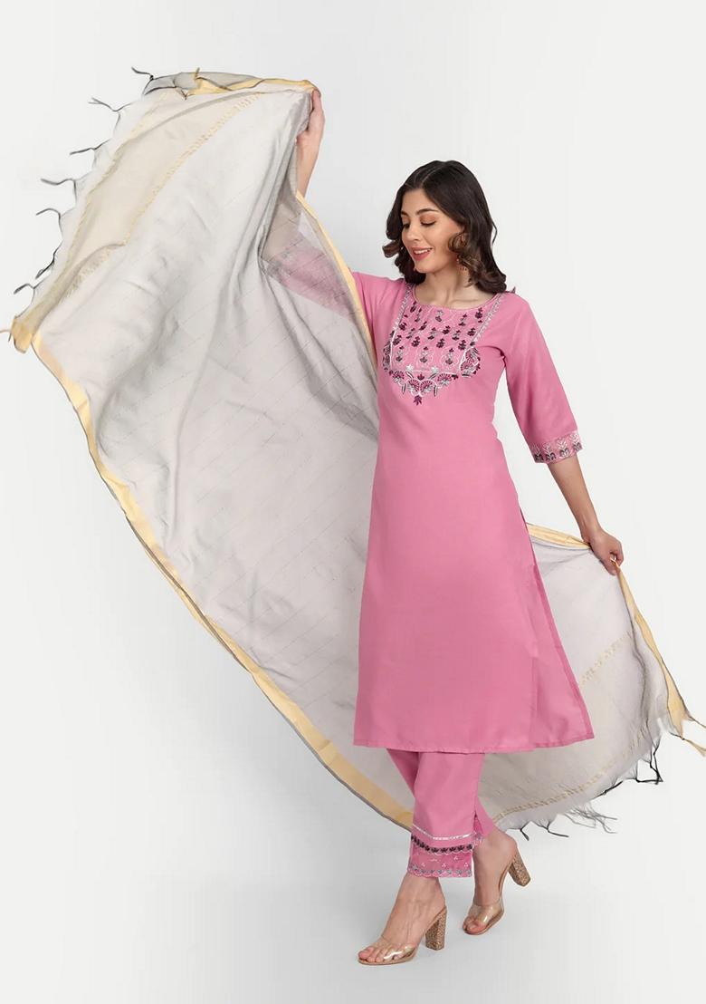 Pink Embroidered Chanderi Salwar Kameez With Dupatta