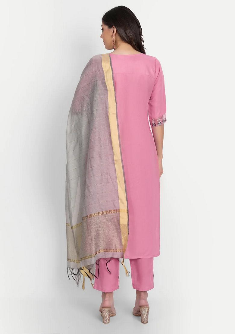 Pink Embroidered Chanderi Salwar Kameez With Dupatta
