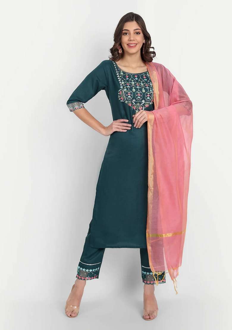 Teal Blue Embroidered Chanderi Salwar Kameez With Dupatta - Indya