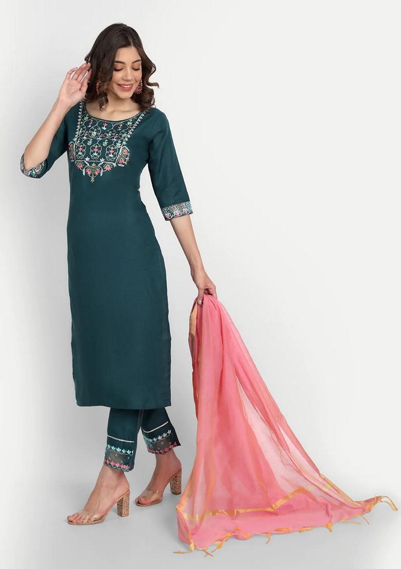 Teal Blue Embroidered Chanderi Salwar Kameez With Dupatta