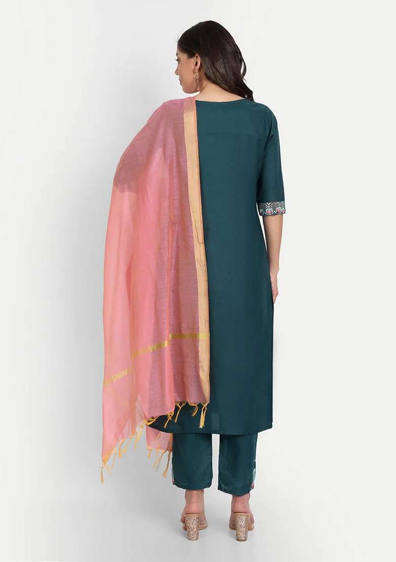 Teal Blue Embroidered Chanderi Salwar Kameez With Dupatta - Indya
