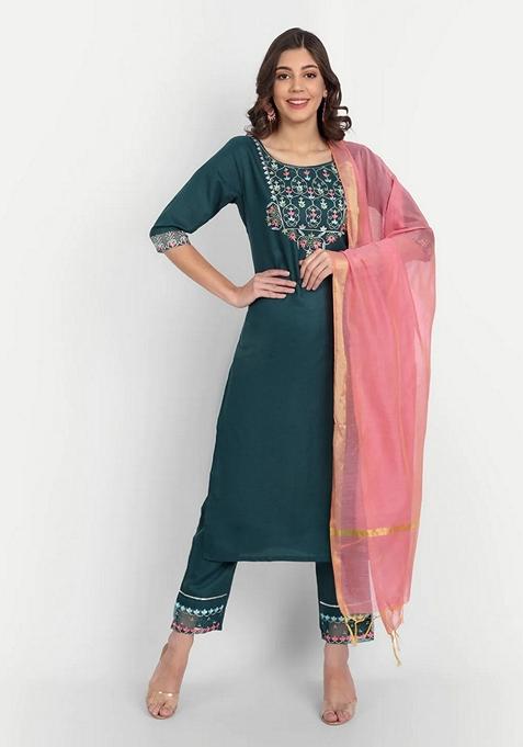 Teal Blue Embroidered Chanderi Salwar Kameez With Dupatta