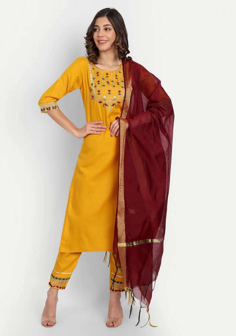 Yellow Embroidered Chanderi Salwar Kameez With Dupatta - Indya