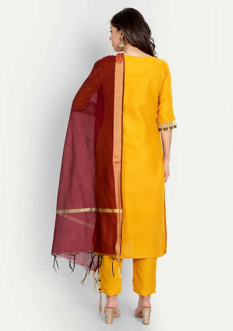 Yellow Embroidered Chanderi Salwar Kameez With Dupatta - Indya