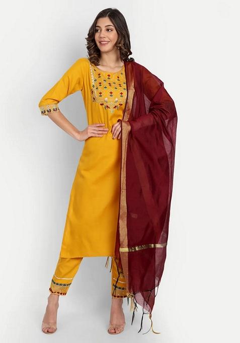 Yellow Embroidered Chanderi Salwar Kameez With Dupatta