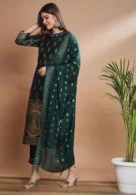Green Banarasi Woven Self Designed Pure Cotton Salwar Kameez With Dupatta