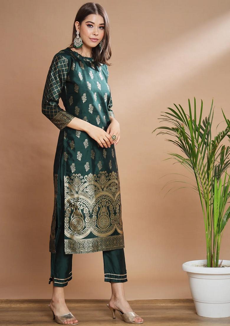 Green Banarasi Woven Self Designed Pure Cotton Salwar Kameez With Dupatta
