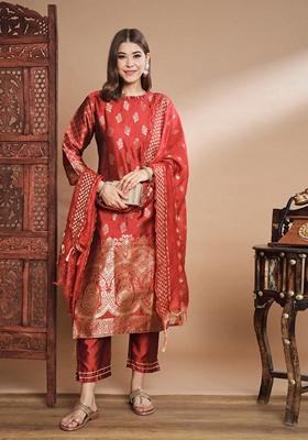 Maroon Banarasi Woven Self Designed Pure Cotton Salwar Kameez With Dupatta