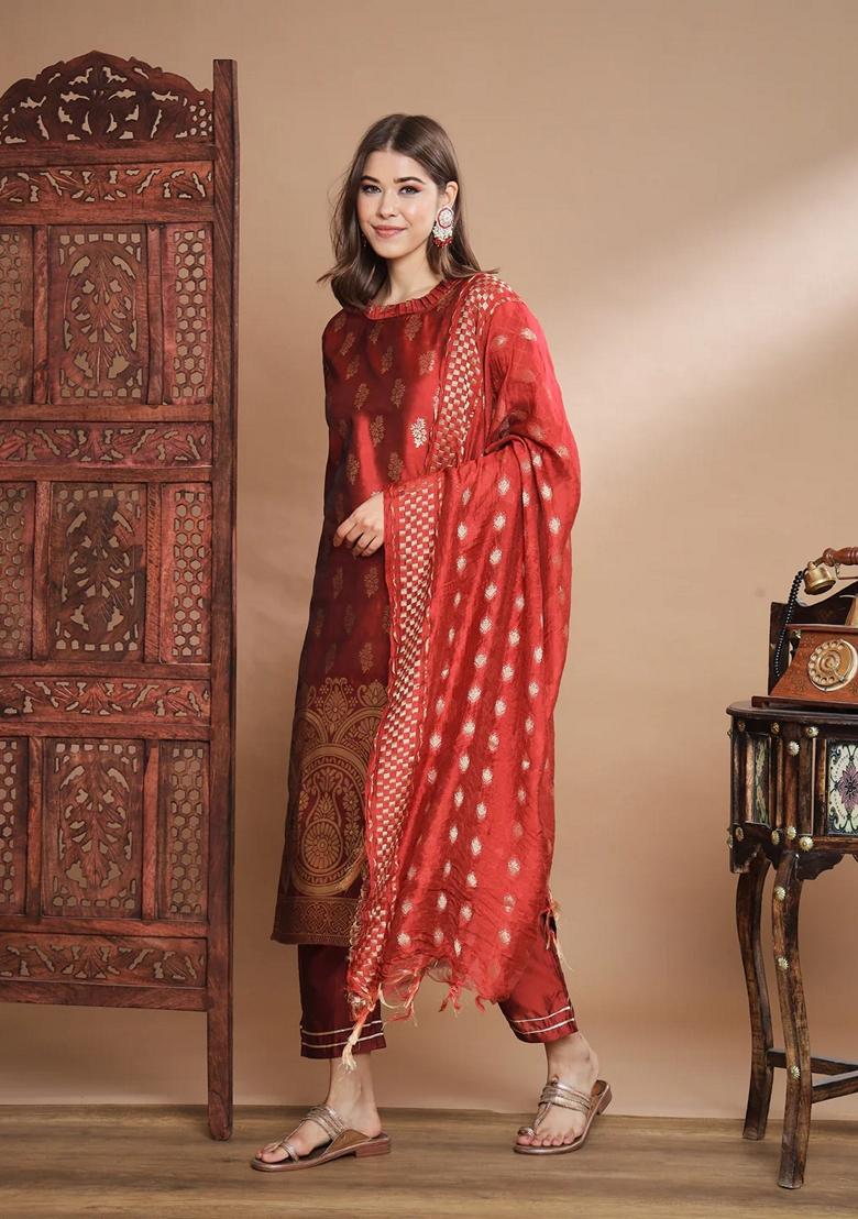 Maroon Banarasi Woven Self Designed Pure Cotton Salwar Kameez With Dupatta