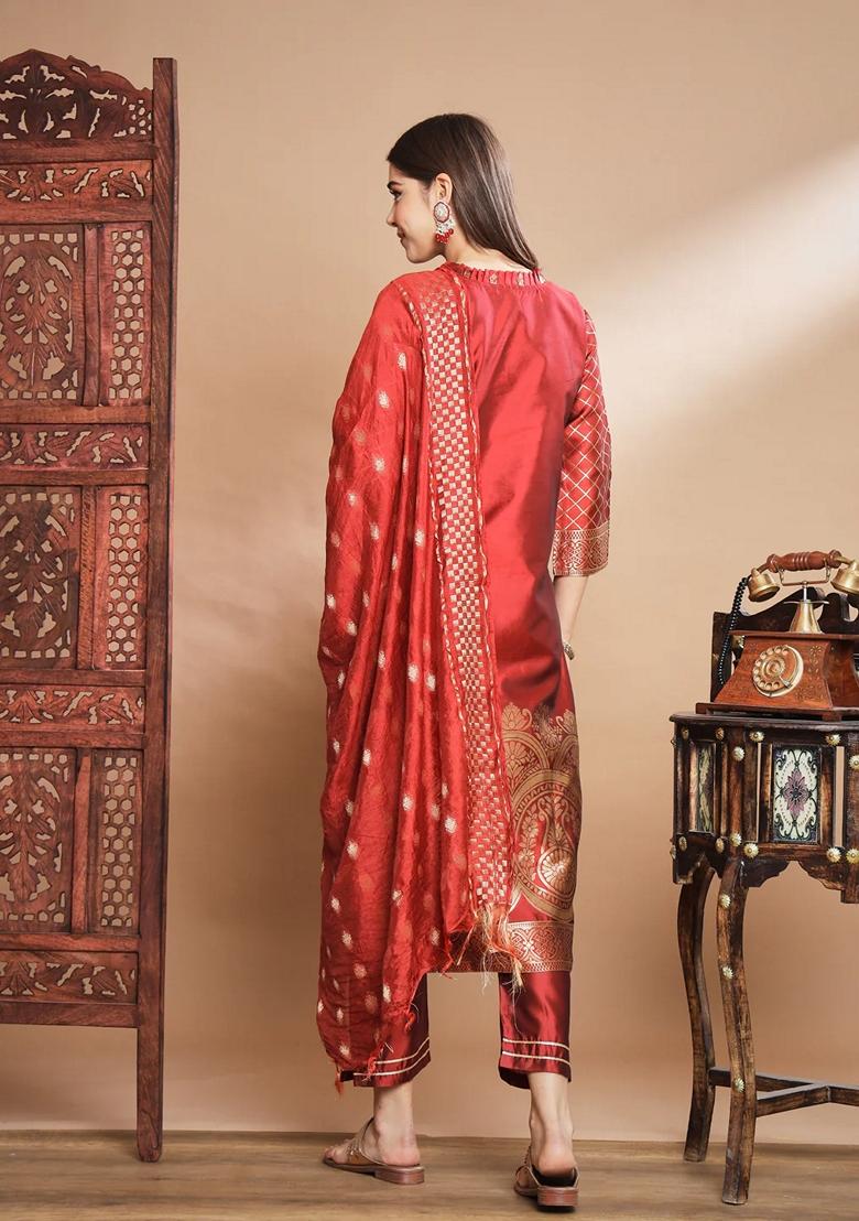 Maroon Banarasi Woven Self Designed Pure Cotton Salwar Kameez With Dupatta