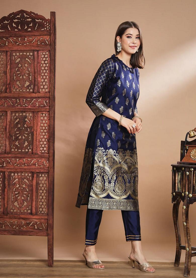 Blue Banarasi Woven Self Designed Pure Cotton Salwar Kameez With Dupatta