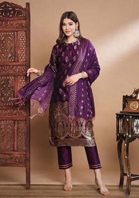 Purple Banarasi Woven Self Designed Pure Cotton Salwar Kameez With Dupatta