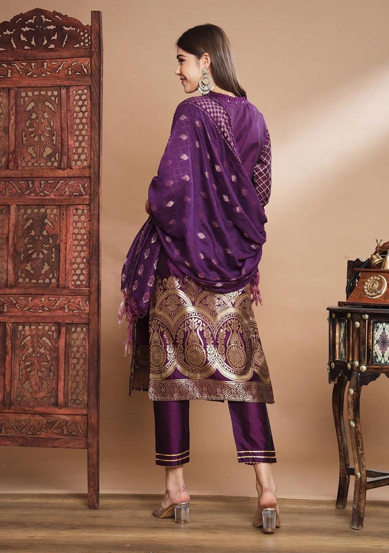 Purple Banarasi Woven Self Designed Pure Cotton Salwar Kameez With Dupatta
