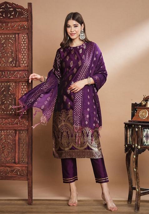 Purple Jacquard Cotton Straight Kurta Set