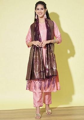 Pink Self Design Pure Cotton Salwar Kameez With Dupatta