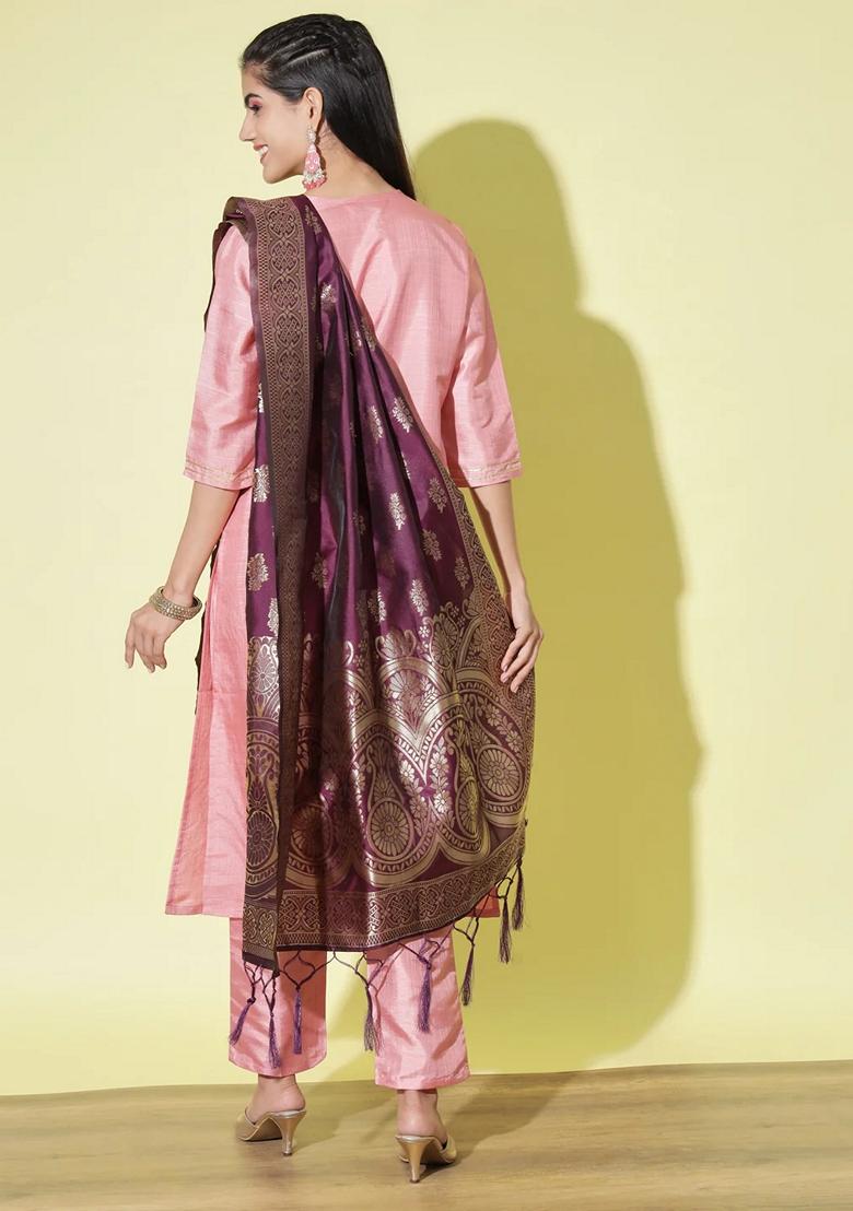 Pink Self Design Pure Cotton Salwar Kameez With Dupatta