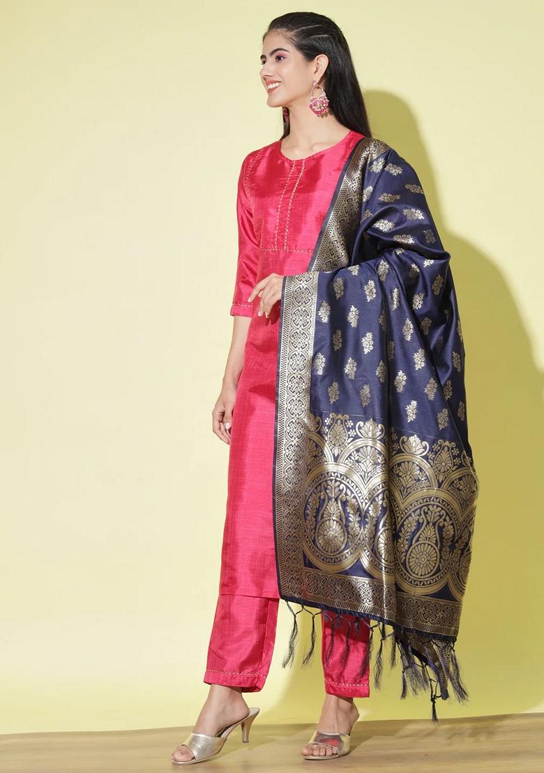 Red Self Design Pure Cotton Salwar Kameez With Dupatta