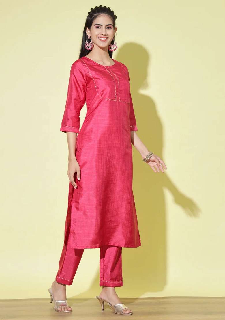 Red Solid Cotton Straight Kurta Set - Indya