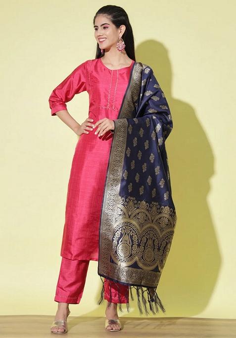 Red Self Design Pure Cotton Salwar Kameez With Dupatta