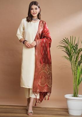Cream Self Design Pure Cotton Salwar Kameez With Dupatta