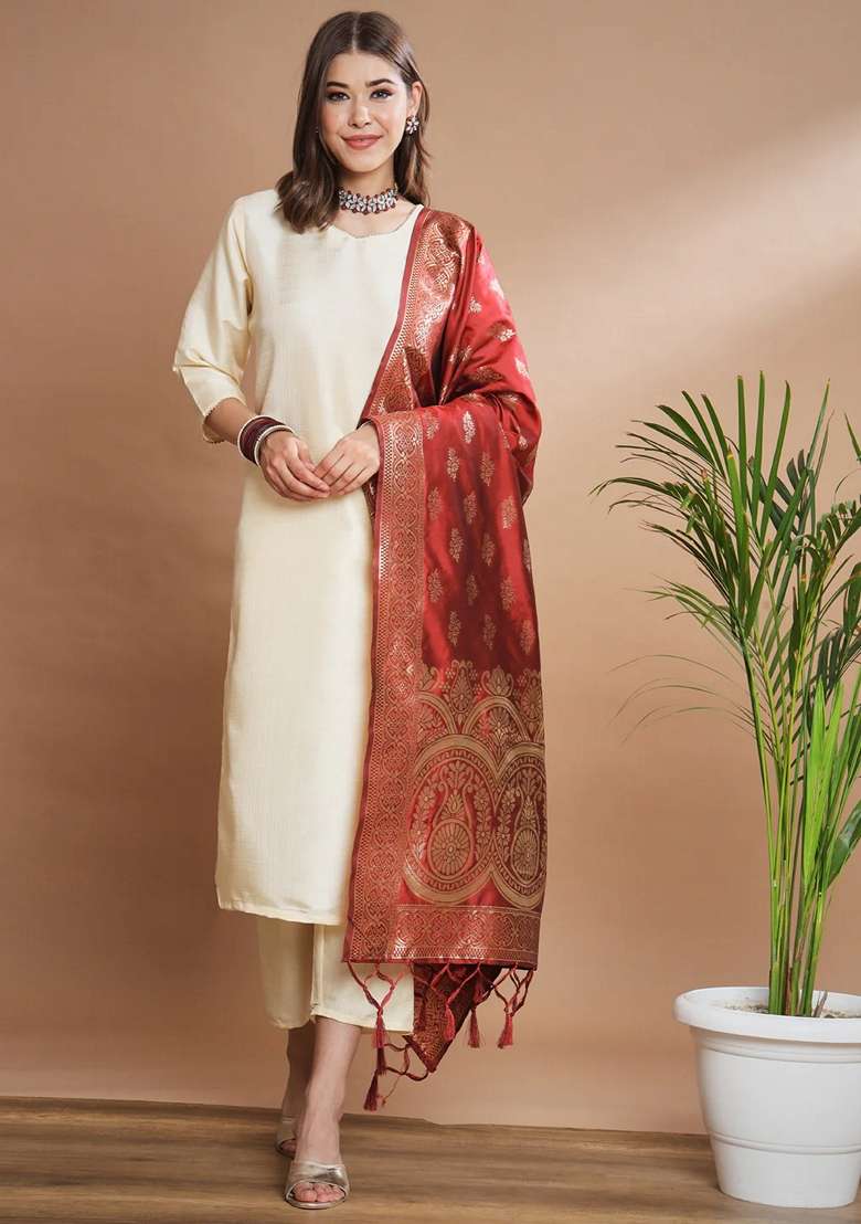 Cream Solid Cotton Straight Kurta Set - Indya