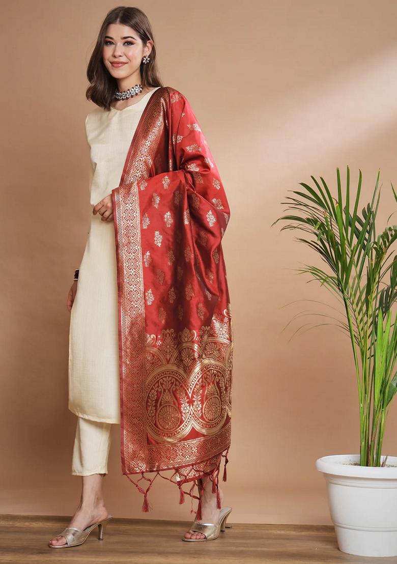 Cream Self Design Pure Cotton Salwar Kameez With Dupatta