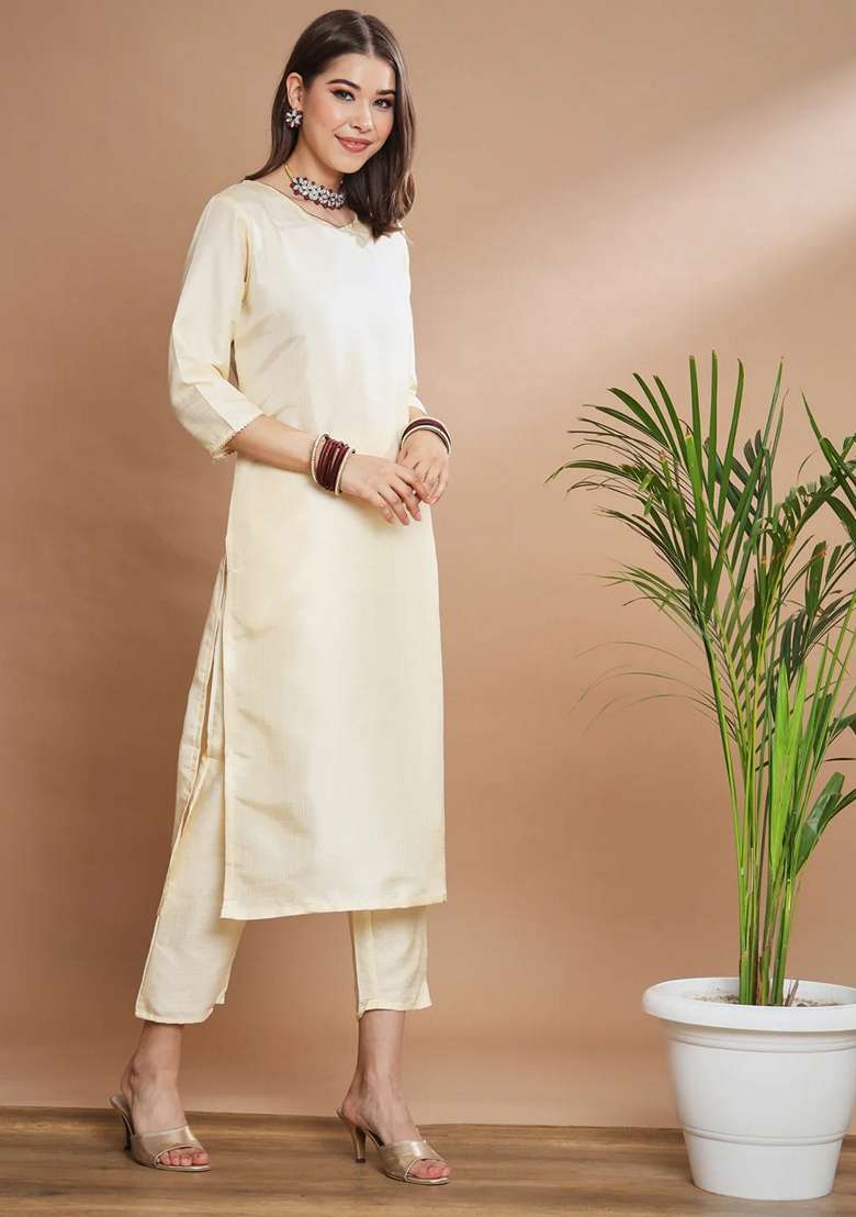 Cream Solid Cotton Straight Kurta Set - Indya