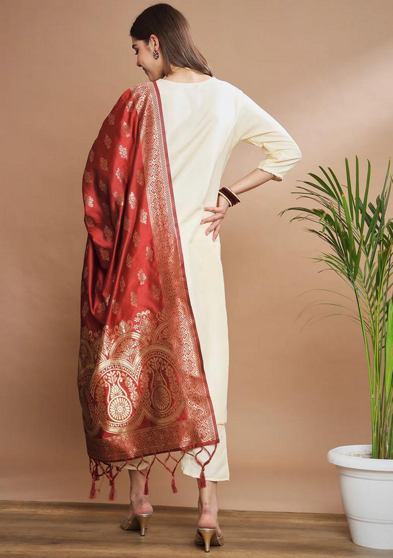 Cream Self Design Pure Cotton Salwar Kameez With Dupatta