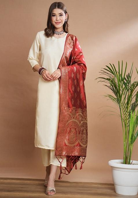Cream Solid Cotton Straight Kurta Set